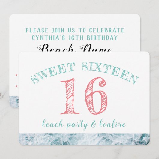 Invitation Sweet 16 Beach Party (Devant / Derrière)