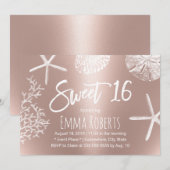 Invitation Sweet 16 Beach Starfish Coral Seashells Rose Gold (Devant / Derrière)