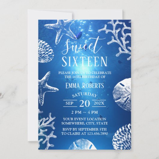 Invitation Sweet 16 Beach Starfish Seashells Sous l'eau (Devant)