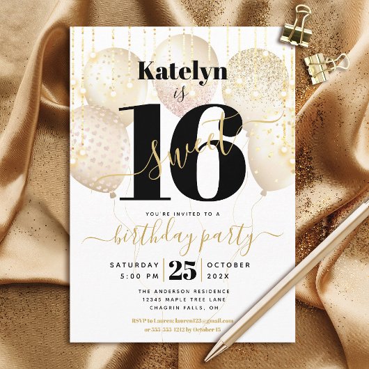 Invitation Sweet 16 Birthday Girly Glam Gold Balloons Script