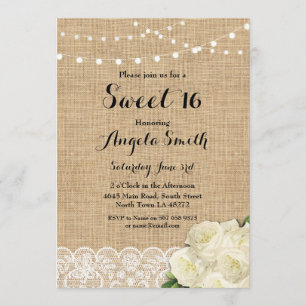 Invitation Sweet 16 Birthday Party Burlap Dentelle Rose Invit