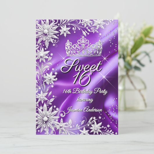 Invitation Sweet 16 Birthday Purple Silver Winter Wonderland (Debout devant)