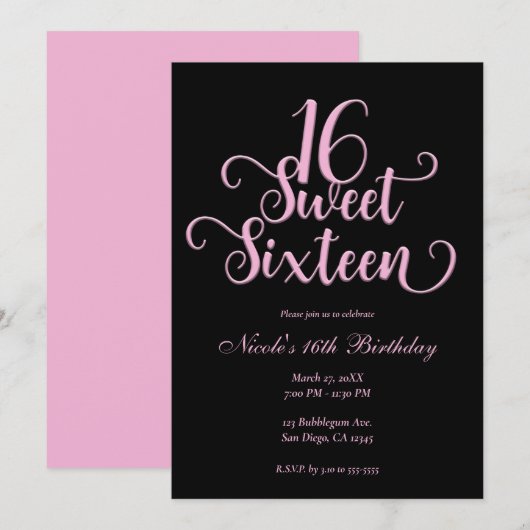 Invitation Sweet 16 Black & Bubblegum Pink fête d'anniversair (Devant / Derrière)