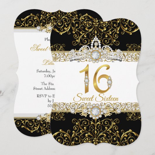 Invitation Sweet 16 Black Gold Diamond Glamor Anniversaire (Devant / Derrière)