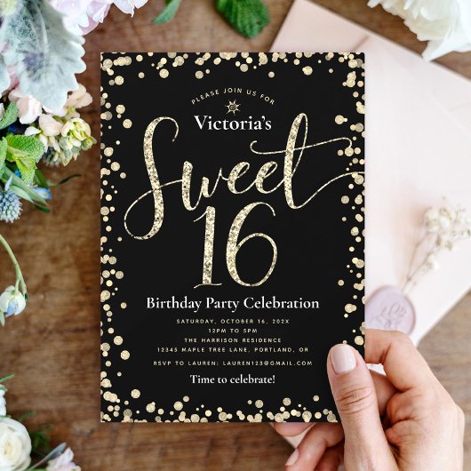 Invitation Sweet 16 Black Gold Parties scintillant Chic Girly