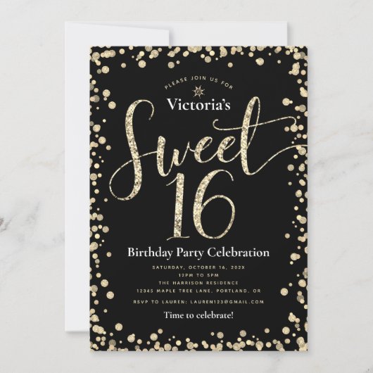 Invitation Sweet 16 Black Gold Parties scintillant Chic Girly (Devant)