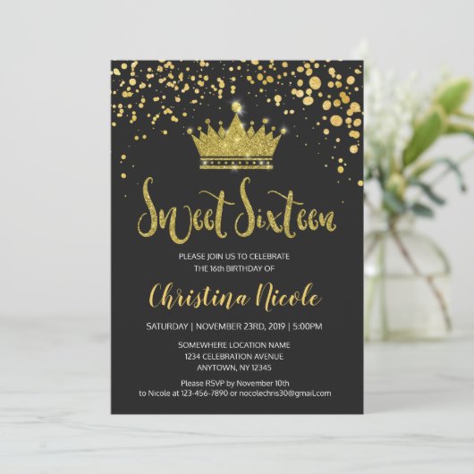 Invitation Sweet 16 Black Gold Parties scintillant Confetti C (Debout devant)
