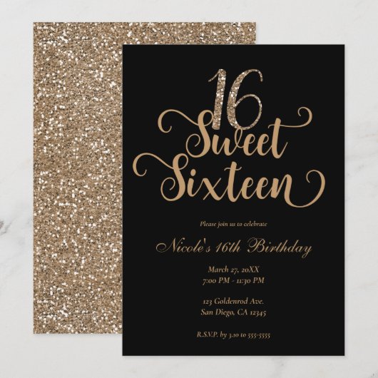 Invitation Sweet 16 Black & Gold Parties scintillant fête d'a (Devant / Derrière)