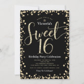 Invitation Sweet 16 Black Gold Parties scintillant Script Ann (Devant)