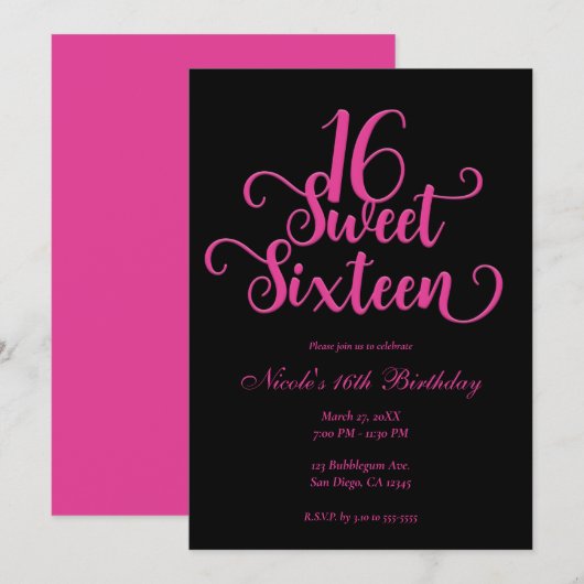 Invitation Sweet 16 Black & Hot Rose fête d'anniversaire (Devant / Derrière)
