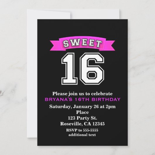 Invitation Sweet 16 Black & Pink Sports & Empreinte de léopar (Devant)