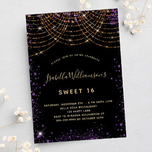 Invitation Sweet 16 black purple glitter dust gold birthday