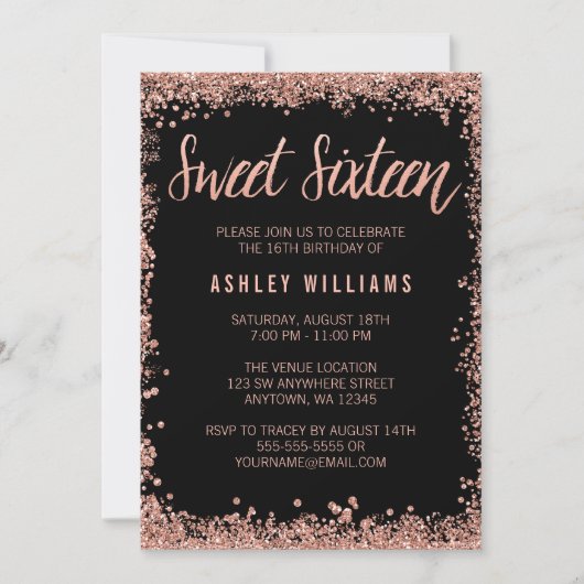 Invitation Sweet 16 Black Rose Gold Faux Parties scintillant  (Devant)