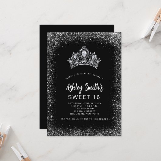 Invitation Sweet 16 Black Silver Parties scintillant Diamond (Devant/Arrière en situation)