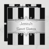 Invitation Sweet 16 Black & Silver Stripe Jewel Party (Devant / Derrière)