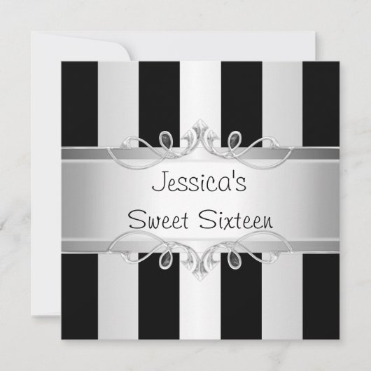 Invitation Sweet 16 Black & Silver Stripe Jewel Party (Devant)