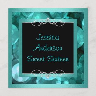 Invitation Sweet 16 Black Turquoise Bubbles Metal Frame Party
