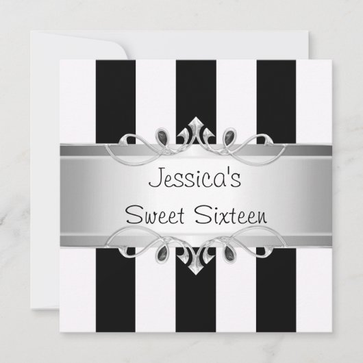 Invitation Sweet 16 Black & White Stripes Silver Jewel Party (Devant)