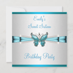 Invitation Sweet 16 Blanc Bleu Turquoise Papillon Anniversair