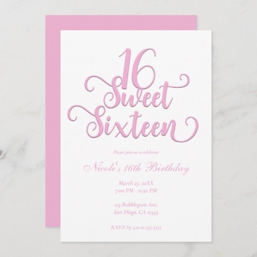 Invitation Sweet 16 Blanc & Bubblegum Rose Type Anniversaire (Devant / Derrière)