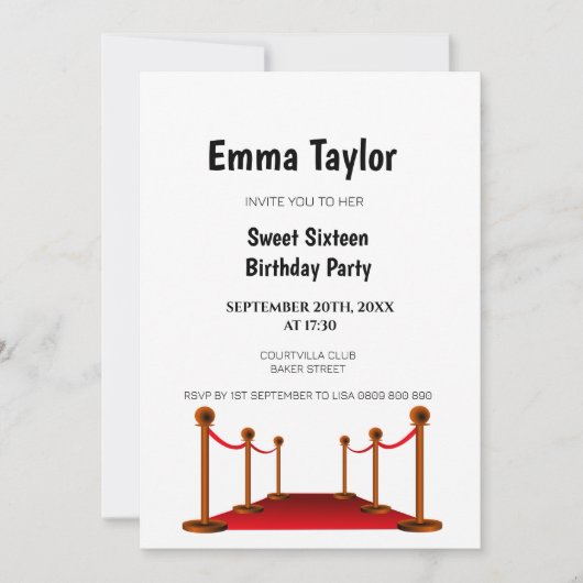 Invitation Sweet 16 blanc tapis rouge Hollywood Anniversaire (Devant)