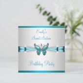 Invitation Sweet 16 Blanc Turquoise Bleu Papillon Anniversair (Debout devant)