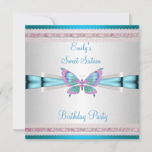 Invitation Sweet 16 Blanc Turquoise bleu rose papillon Annive (Devant)