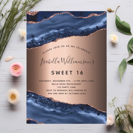 Invitation Sweet 16 bleu agate marbre rose or