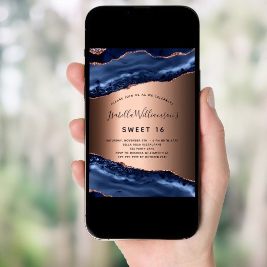 Invitation Sweet 16 bleu agate marbre rose or