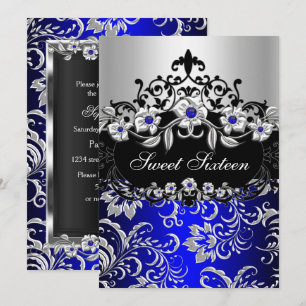 Invitation Sweet 16 Bleu Argent Noir Floral Jewel Party