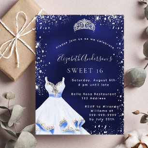 Invitation Sweet 16 bleu argent parties scintillant robe tiar