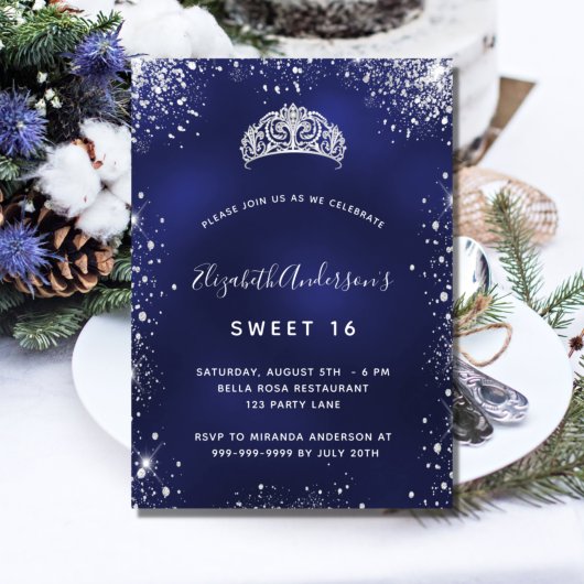 Invitation Sweet 16 bleu argent parties scintillant tiara gla