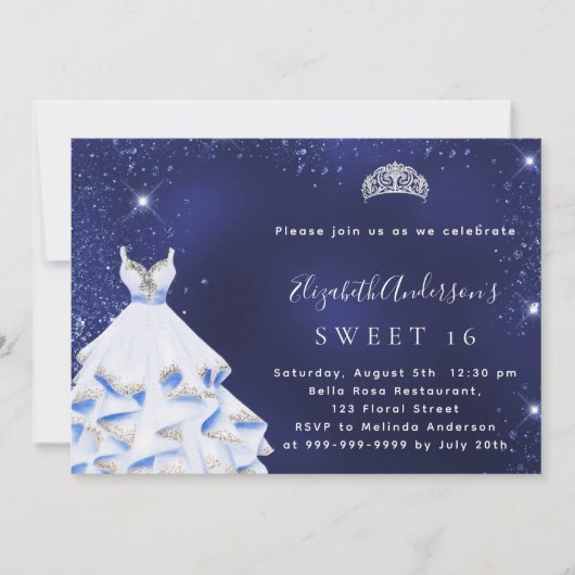 Invitation Sweet 16 bleu argent robe de parties scintillant t (Devant)