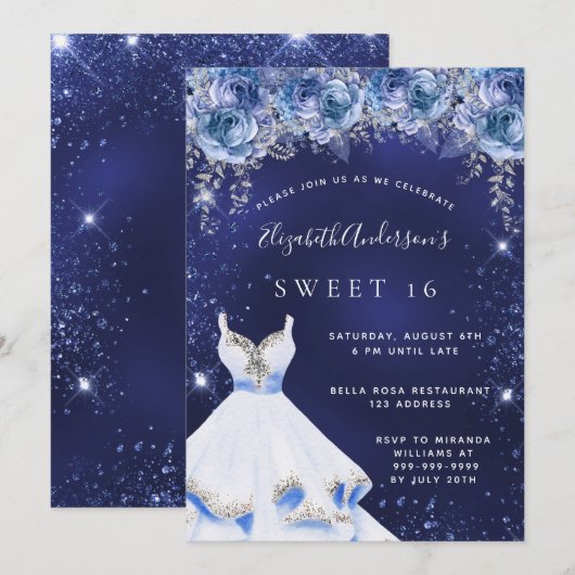 Invitation Sweet 16 bleu marine parties scintillant robe flor (Devant / Derrière)