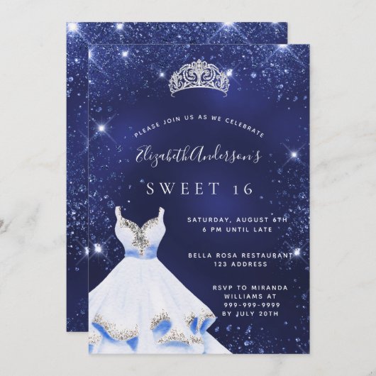 Invitation Sweet 16 bleu marine parties scintillant robe tiar (Devant / Derrière)