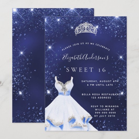 Invitation Sweet 16 bleu marine parties scintillant robe tiar (Devant / Derrière)