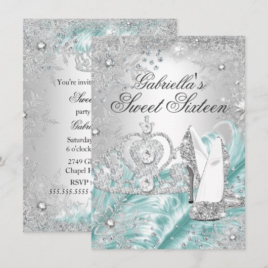 Invitation Sweet 16 Bleu Pailleté Flocon de Neige (Devant / Derrière)