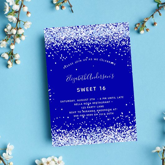 Invitation Sweet 16 bleu royal blanc glamour