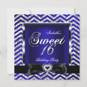 Invitation Sweet 16 Bleu Royal Chevron Rayure Argent Noir