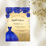 Invitation Sweet 16 bleu royal robe florales or luxe<br><div class="desc">Une invitation moderne, élégante et glamour pour une fête Sweet 16, 16e anniversaire. Un faux arrière - plan d'or avec des étincelles de faux bleu et une robe bleue royale et des roses, des fleurs. Le nom est écrit avec un script de style moderne écrit à la main. Personnalisez et...</div>