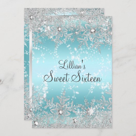 Invitation Sweet 16 Blue Diamond Snowflake Winter Wonderland (Devant / Derrière)