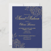 Invitation Sweet 16 Blue et Gold Line Fleurs d'art Floral (Devant)