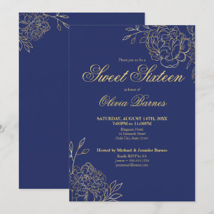 Invitation Sweet 16 Blue et Gold Line Fleurs d'art Floral