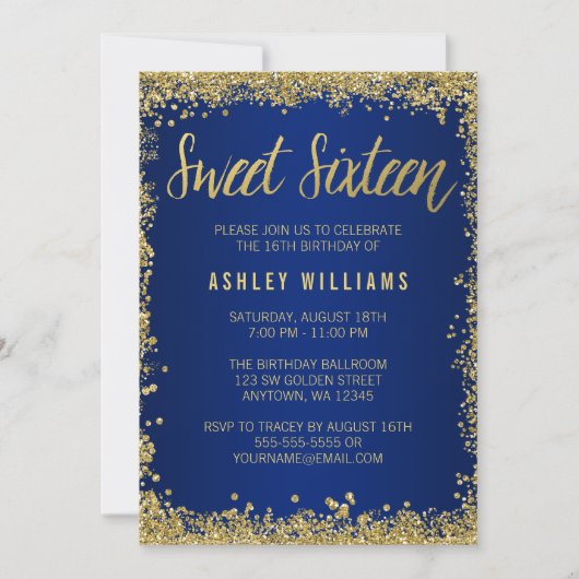 Invitation Sweet 16 Blue Gold Parties scintillant Anniversair (Devant)