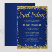 Invitation Sweet 16 Blue Gold Parties scintillant Anniversair (Devant / Derrière)