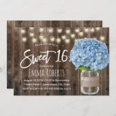 Invitation Sweet 16 Blue Hydrangea Floral Jar Bois rustique (Devant / Derrière)