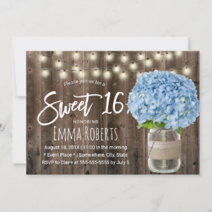 Invitation Sweet 16 Blue Hydrangea Floral Jar Bois rustique