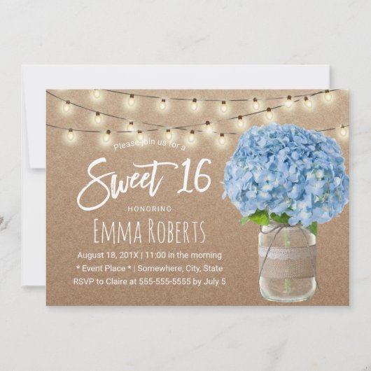 Invitation Sweet 16 Blue Hydrangea String éclats Rustique Kra (Devant)