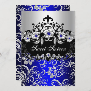 Invitation Sweet 16 Blue Silver Black Floral Jewel Party