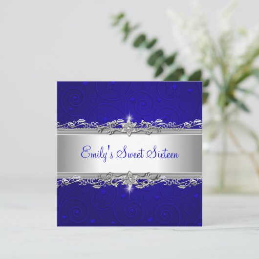 Invitation Sweet 16 Blue Silver Floral Amour fête d'anniversa (Debout devant)